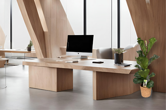 Moderne werkplek met bureau, computer en plant in helder kantoor