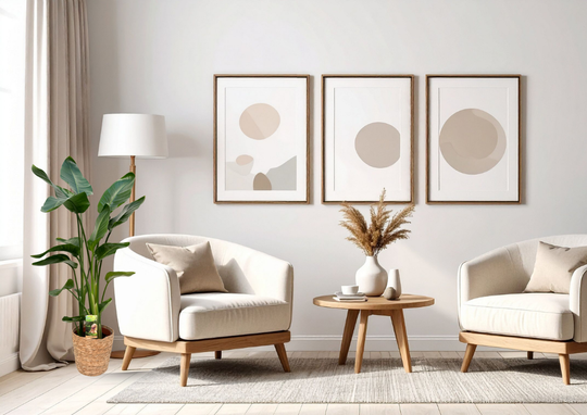 Interieur moderne woonkamer met fauteuils, bijzettafel en abstracte muurkunst
